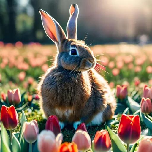 Prompt: Rabbit on red tulips and grass, oil painting, realistic fur texture, vibrant colors, high quality, detailed, traditional painting, natural lighting, realistic, lush greenery, sunny atmosphere, cute rabbit with fluffy fur, detailed red tulips, grassy meadow, oil painting, vibrant colors, realistic fur texture, traditional, sunny lighting