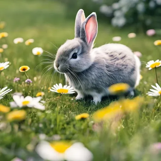 Prompt: create a daisies garden with a grey rabbit and put a butterfly on its nose