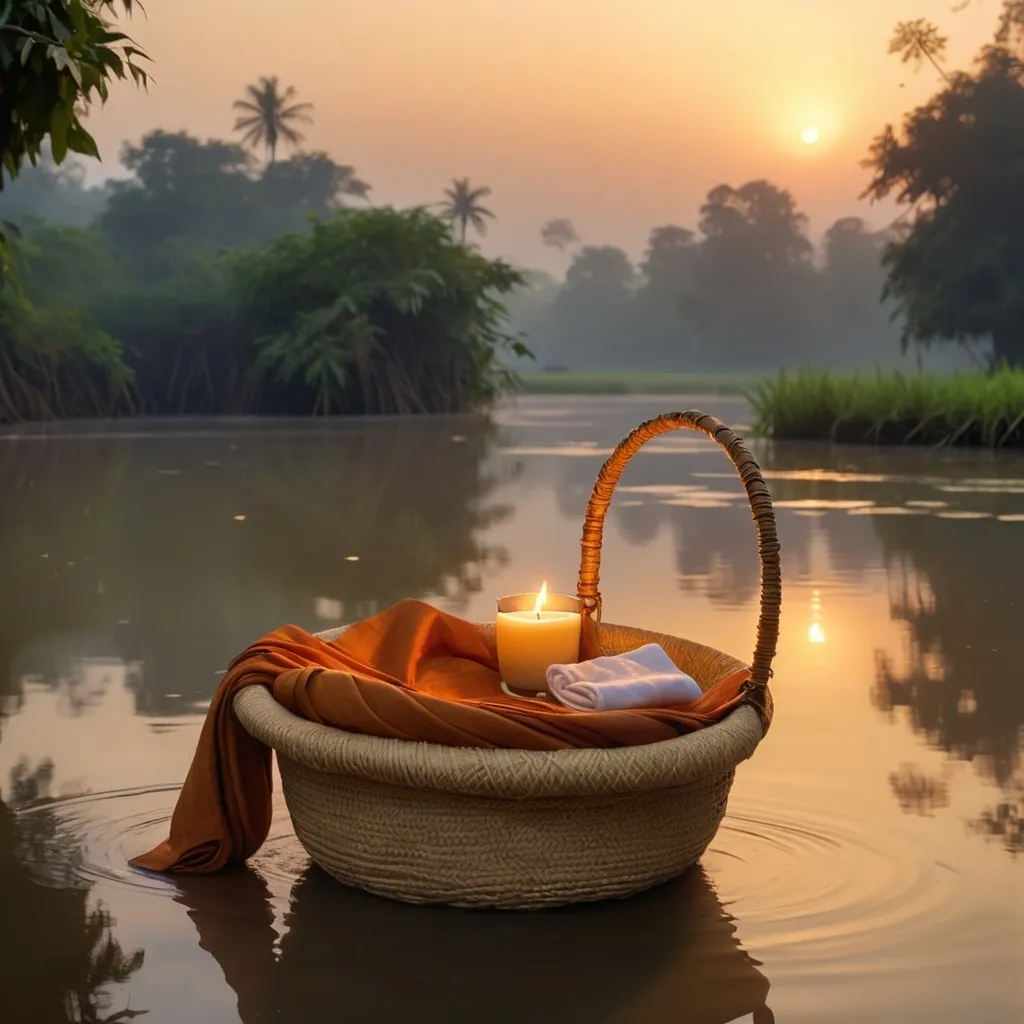 Prompt: A tranquil riverside scene at dawn, with a serene river flowing gently. In the foreground, a beautifully woven basket floats on the water, containing a divine infant, Ayyappa, swaddled in fine cloth and emitting a soft, holy glow."