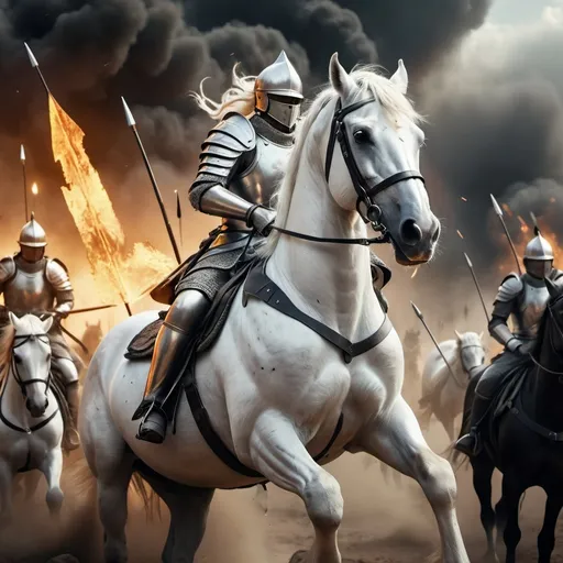 Prompt: a white horse wearing armor on its head with dozens of arrows on its body, below the jabal visible troops of cavalry with black flags around them, dust flying everywhere and digital ash in holographic flames