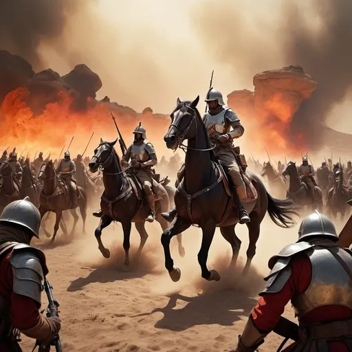 Prompt: Two cavalry troops facing each other, complete with armor and weapons, filled the desert, dust flying, fire and smoke everywhere