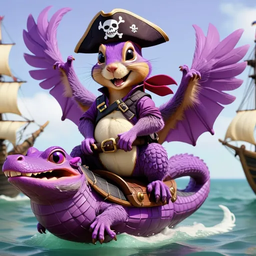 Prompt: Pirate squirrel riding a purple alligator with wings over a pirate ship
