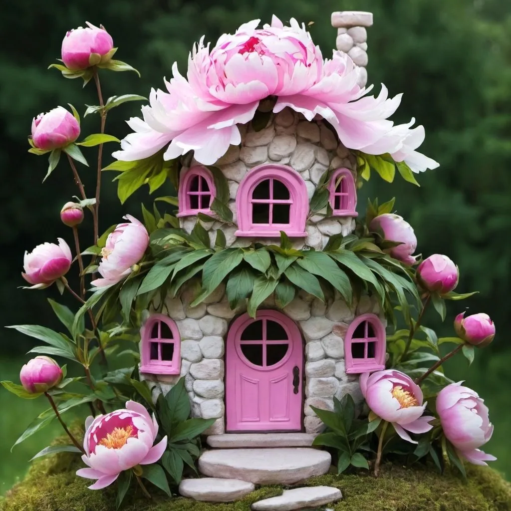 Prompt: fairy house from peony flowers 