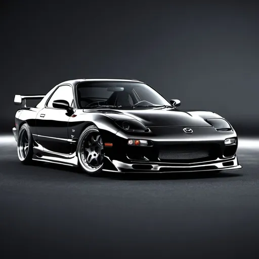 Prompt: A black Mazda Rx7 in a wallpaper style, focusing in the rims and headlights