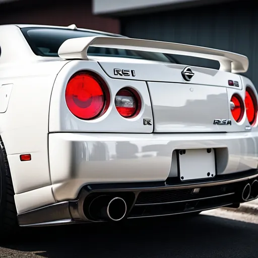 Prompt: A wallpaper style photo focusing in a tail light of a white Nissan GTR R32 