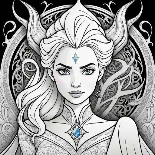 Prompt: (black and white), detailed illustration of Elsa facing Maleficent, epic showdown, bold lines, intricate designs, emphasizing their contrasting powers, magical energy swirling around them, capturing the essence of good versus evil, perfect for a coloring book, engaging and fantastical, enchanting background elements, suitable for creativity and exploration.