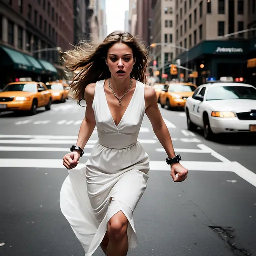 Prompt: Mujer con vestido blanco corro esposada en las calles se nueva york