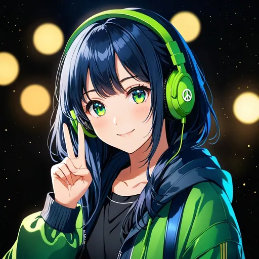 Prompt: Anime portrait of a girl, cute smile, peace sign with left hand, dark blue hair, green headphones, black background, detailed eyes, professional, highres, high-quality, anime, cute, dark blue hair, green headphones, black background, vibrant colors, atmospheric lighting, detailed eyes, cozy atmosphere