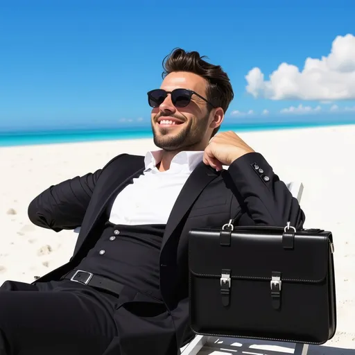 Prompt: A happy man sunbathing in a business suit, lying back on a lounge chair with sunglasses on, smiling and relaxed. He is on a sunny beach or by a poolside, with a sleek black briefcase resting beside him. The setting is bright and cheerful, with clear skies, warm sunlight, and a carefree atmosphere. The man looks successful and content, blending the worlds of work and leisure.