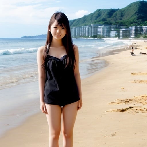 Prompt: An attractive 19-year-old Japanese woman with a beautiful beach background