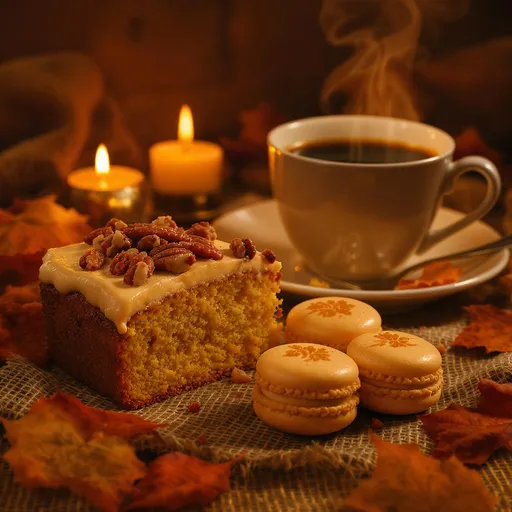 Prompt: An inviting autumnal spread showcases a delicious array of desserts arranged on a textured burlap surface, illuminated by warm, cozy lighting. At the forefront, a slice of the luscious cake topped with pecans and a creamy frosting gleams enticingly alongside two golden-brown macarons decorated with delicate floral impressions. A small candle flickers, casting a soft glow next to a rich cup of coffee poised in an elegant white cup, creating an atmosphere of comfort and indulgence. The backdrop features earthy tones and rustic elements, enhancing the seasonal charm and inviting one to relish in the delightful treats. The overall aesthetic evokes a warm, welcoming mood, perfect for enjoying sweet moments during the fall.