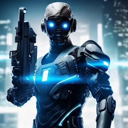 Prompt: A man with cyber suit and holding a futuristic gun