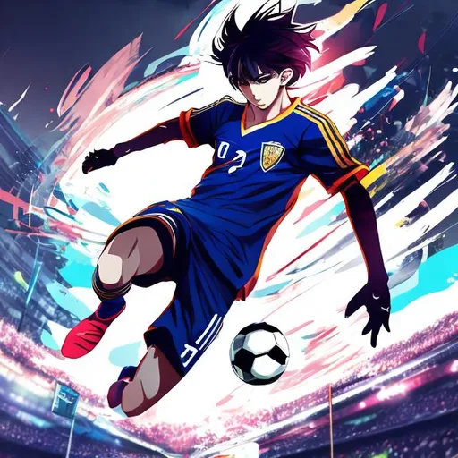 Prompt: Anime interpretation of a sensational soccer player, vibrant and dynamic anime style, realistic football field setting, intense and energetic action, high-quality, detailed anime art, athletic physique, stylish soccer uniform, striking hair and eye colors, dramatic lighting, dynamic pose, professional anime art, vibrant color palette, action-packed, immersive environment