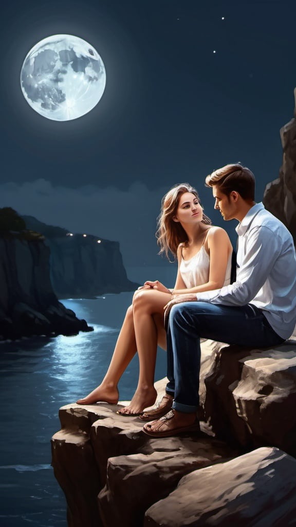 Prompt: Realistic digital painting of a loving couple, sitting on a rocky cliff, moonlit background, detailed human figures, serene atmosphere, high quality, romantic, realistic, moonlit, detailed hands, peaceful, atmospheric lighting