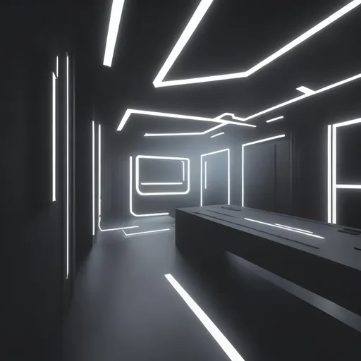 Prompt: gravity definying super modern building + black room interior +photoreal + gray colors + foggy +patch cables+monitors