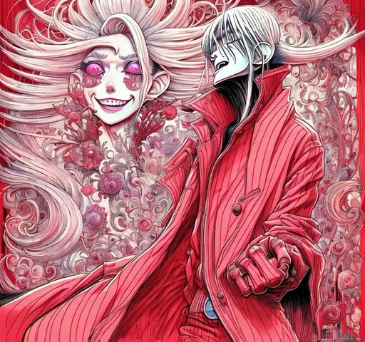 Prompt: Detailed Disney-style illustration of Alucard from Hellsing Ultimate OVA, Corazon from One Piece, Junji Ito, vibrant colors, magical setting, intricate detail, atmospheric lighting, fantasy, high quality, Disney style, detailed characters, professional, fantasy