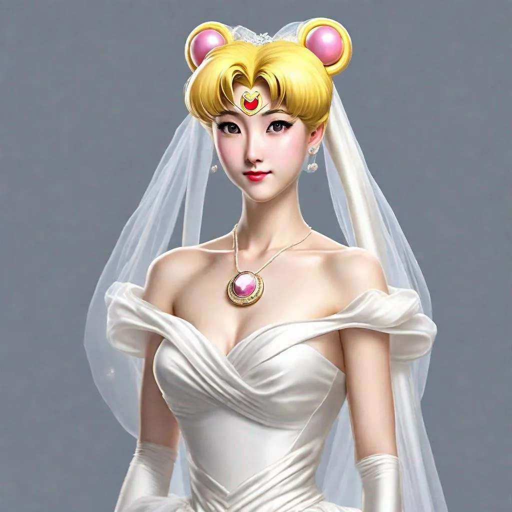 Prompt: Realistic sailor moon main character Usagi in wedding gown 30s style, full body picture. 