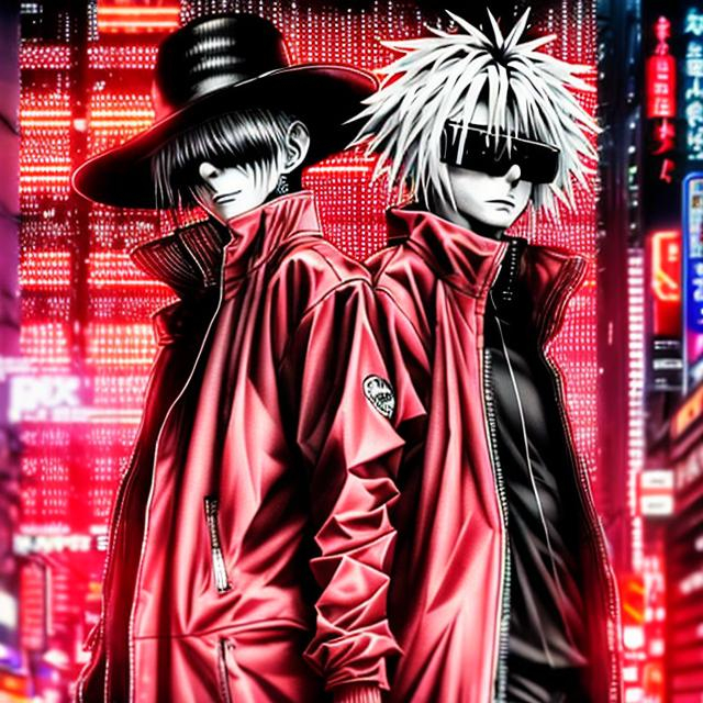 Prompt: Intense 3D anime illustration of alucard and Seras from hellsing ultimate in cyberpunk setting,  seinen, dynamic relationship, cinematic quality, action-packed, detailed character design, dark and moody lighting, cyberpunk, futuristic, highres, ultra-detailed, anime, dynamic pose, professional, atmospheric lighting, intense relationship