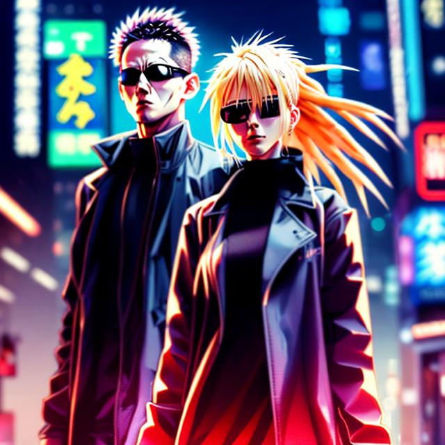 Prompt: Intense 3D anime illustration of Alucard and blonde Seras in a matrix setting, dynamic relationship, cinematic quality, action-packed, detailed character design, dark and moody lighting, cyberpunk, futuristic animation, highres, ultra-detailed, anime, dynamic pose, professional, atmospheric lighting, intense relationship