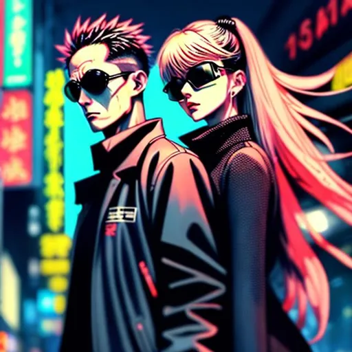 Prompt: Intense 3D anime illustration of Alucard and blonde Seras in a matrix setting, dynamic relationship, cinematic quality, action-packed, detailed character design, dark and moody lighting, cyberpunk, futuristic animation, highres, ultra-detailed, anime, dynamic pose, professional, atmospheric lighting, intense relationship