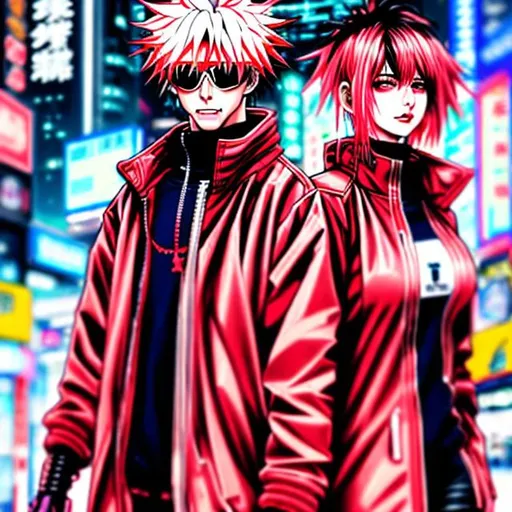 Prompt: Anime illustration of Alucard and Seras in cyberpunk setting, intense and dynamic relationship, detailed features, highres, ultra-detailed, anime, cyberpunk, intense gaze, dramatic lighting, futuristic cityscape, Hellsing Ultimate, professional, detailed eyes, sleek design, cool tones, atmospheric lighting