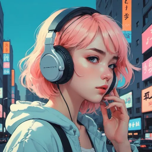 Prompt: girl wearing headphones, city background, very anime!!! anime!! intricate details, aesthetically pleasing pastel colors, poster background, art by conrad roset and ilya kuvshinov, pop art