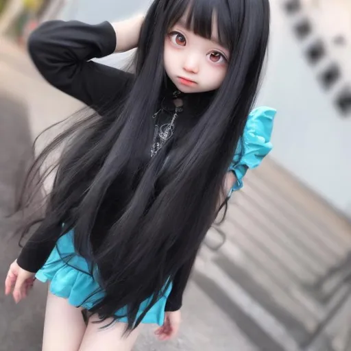 Prompt: a cute girl with blue long hair, and black clothes 