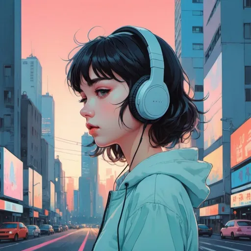 Prompt: girl wearing headphones, city background, very anime!!! anime!! intricate details, aesthetically pleasing pastel colors, poster background, art by conrad roset and ilya kuvshinov, pop art