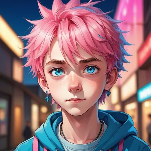 Prompt: Anime illustration of a handsome 12-year-old boy, with big bright blue eyes, rosy cheeks, spiky pink hair, vibrant and colorful, high quality, anime style, vibrant tones, soft lighting, youthful charm, detailed clothing, cross earrings 