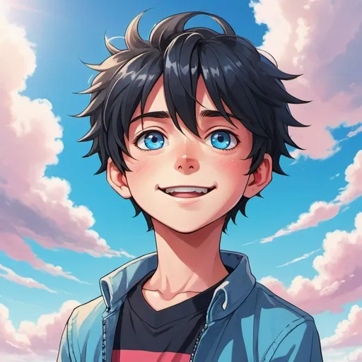 Prompt: Anime illustration of a handsome 11-year-old boy, with big bright sky blue eyes, rosy cheeks, spiky black hair, vibrant and colorful, high quality, anime style, vibrant tones, soft lighting, youthful charm, energetic pose, detailed clothing, joyful expression