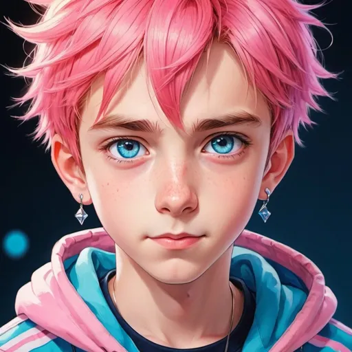 Prompt: Anime illustration of a handsome 12-year-old boy, with big bright blue eyes, rosy cheeks, spiky pink hair, vibrant and colorful, high quality, anime style, vibrant tones, soft lighting, youthful charm, detailed clothing, cross earrings 