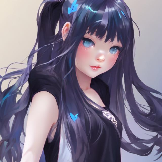 Prompt: a cute girl with blue long hair, and black clothes, gif