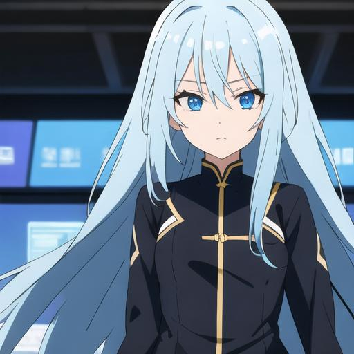 Prompt: a cute girl with blue long hair, and black clothes, with blue eys