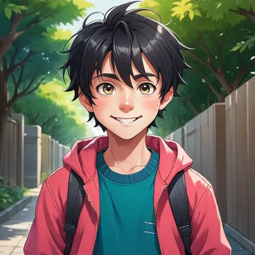 Prompt: Anime illustration of a handsome 11-year-old boy, with big bright eyes, rosy cheeks, spiky black hair, a cute smile, vibrant and colorful, high quality, anime style, vibrant tones, soft lighting, youthful charm, energetic pose, detailed clothing, joyful expression