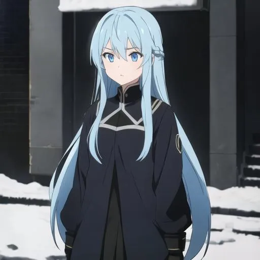 Prompt: a cute girl with blue long hair, and black clothes, with blue eyes