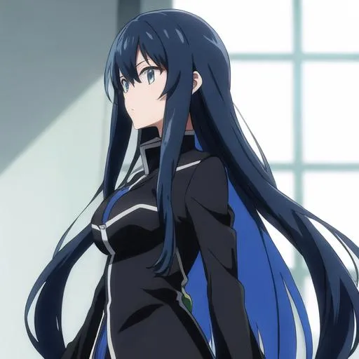 Prompt: a anime girl with blue long hair, and black clothes, 