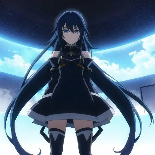 Prompt: a anime girl with blue long hair, and black clothes, 