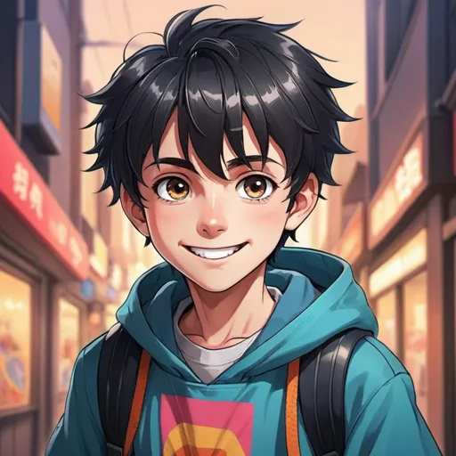 Prompt: Anime illustration of a handsome 11-year-old boy, with big bright eyes, rosy cheeks, spiky black hair, a cute smile, vibrant and colorful, high quality, anime style, vibrant tones, soft lighting, youthful charm, energetic pose, detailed clothing, joyful expression