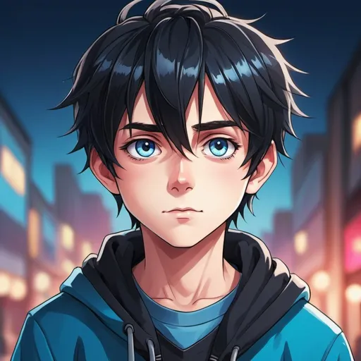 Prompt: Anime illustration of a handsome 12-year-old boy, with big bright blue eyes, rosy cheeks, spiky black hair, vibrant and colorful, high quality, anime style, vibrant tones, soft lighting, youthful charm, detailed clothing, 