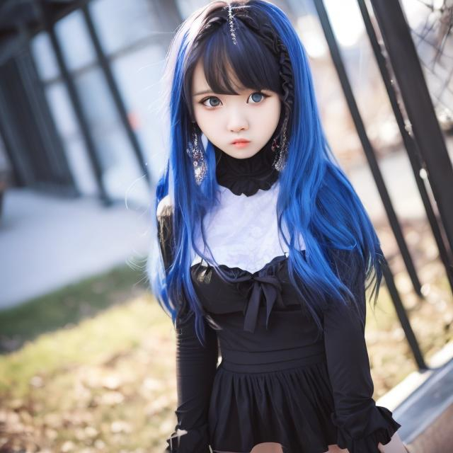 Prompt: a cute girl with blue long hair, and black clothes 