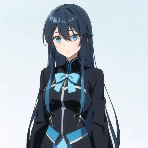 Prompt: a cute girl with blue long hair, and black clothes, with blue eys