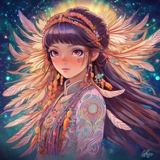 Prompt: Ojibwa anime girl, traditional clothing with intricate beadwork, bright and vibrant colors, detailed eyes with a serene expression, flowing long hair adorned with feathers, 4k, ultra-detailed, anime, traditional, vibrant colors, intricate details, serene expression, feather adornments, professional, natural lighting