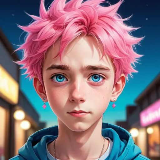 Prompt: Anime illustration of a handsome 12-year-old boy, with big bright blue eyes, rosy cheeks, spiky pink hair, vibrant and colorful, high quality, anime style, vibrant tones, soft lighting, youthful charm, detailed clothing, cross earrings 