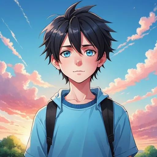 Prompt: Anime illustration of a handsome 12-year-old boy, with big bright sky blue eyes, rosy cheeks, spiky black hair, vibrant and colorful, high quality, anime style, vibrant tones, soft lighting, youthful charm, detailed clothing, 