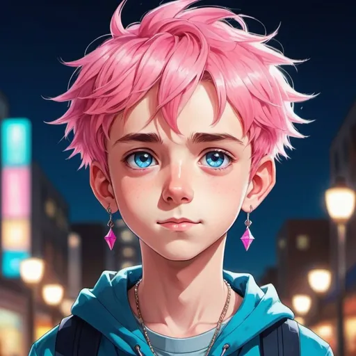 Prompt: Anime illustration of a handsome 12-year-old boy, with big bright blue eyes, rosy cheeks, spiky pink hair, vibrant and colorful, high quality, anime style, vibrant tones, soft lighting, youthful charm, detailed clothing, cross earrings 