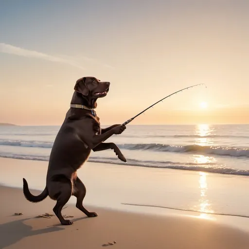 Prompt: (brown labrador retriever), (dressed in a sleek suit and tie), fishing on a picturesque beach, holding fishing rod in hand, big shark jumping,  soft sandy shores, sun casting warm golden light over the scene, calm waves lapping against the shore, cheerful ambiance, ultra-detailed, 4K, capturing a whimsical moment of a dog enjoying a day by the sea.