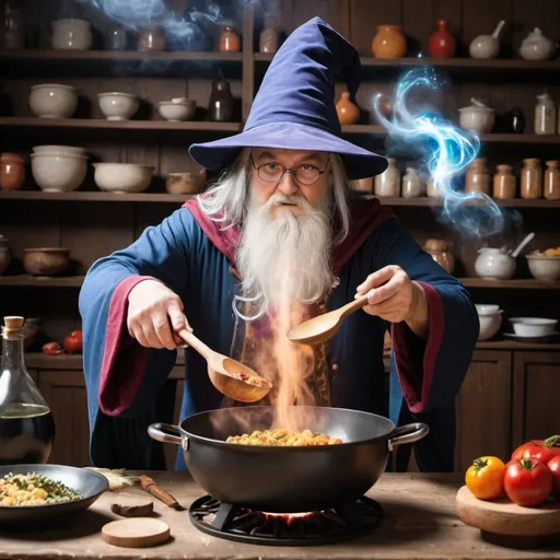 Prompt: wizard cooking food while using magic