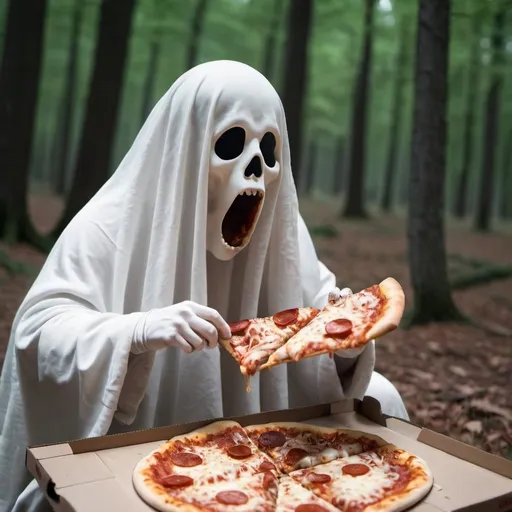 Prompt: Ghost eating pizza in the woods