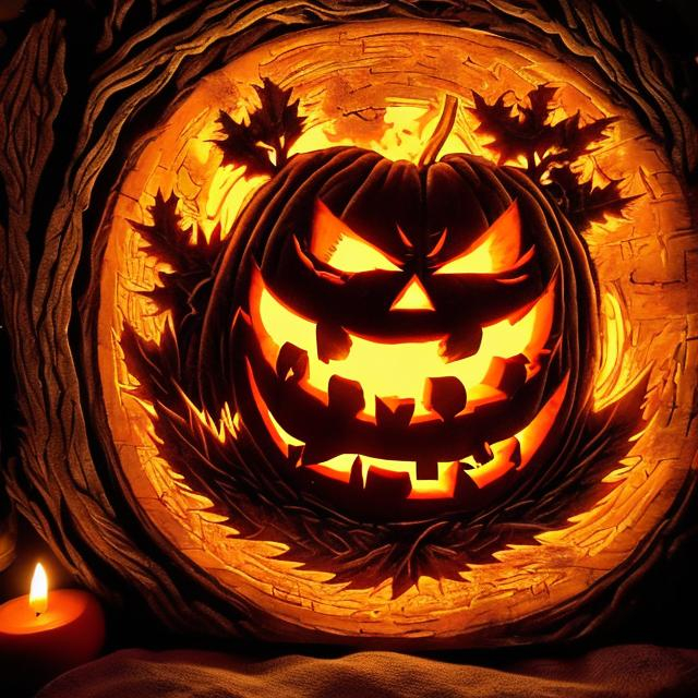 Prompt: "Envision a moonlit autumn night, where shadows dance and leaves rustle in the cool breeze. In the center of this scene, a grinning jack-o'-lantern sits, its jagged smile glowing with an eerie, warm light. The pumpkin is intricately carved, its eyes and mouth forming mischievous expressions. A flickering candle inside casts playful shadows on the ground. Surrounding the pumpkin, scattered autumn leaves add to the festive atmosphere. Capture the spooky yet inviting aura of this Halloween pumpkin, evoking the spirit of the season."
