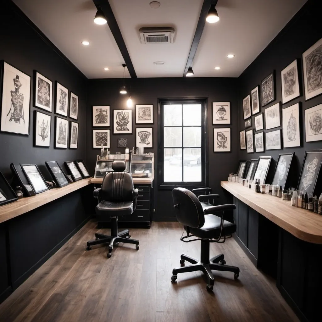 Prompt: Tattoo cabin in a minimal tattoo shop No caravels and just a bit pictures. Modern and clean